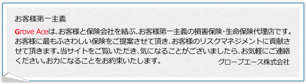 グローブエースはお客様第一主義の損害保険・生命保険会社です。お客様のリスクマネジメントに貢献します。